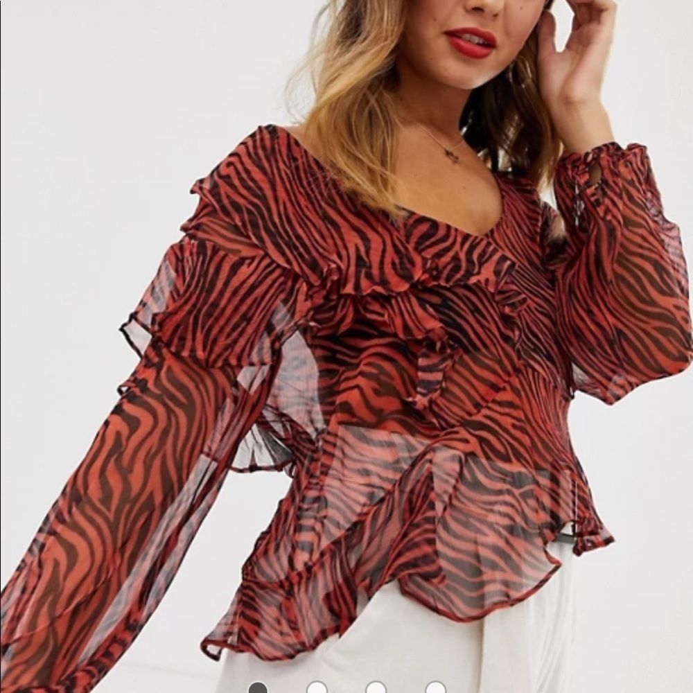 Revolve Stevie May Walk On By Sheer Tiger Print Ruffle Blouse L